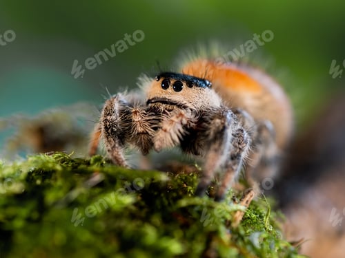 Preview: Close up portrait of Tarantula spider. Big hairy Arachnida on green moss.