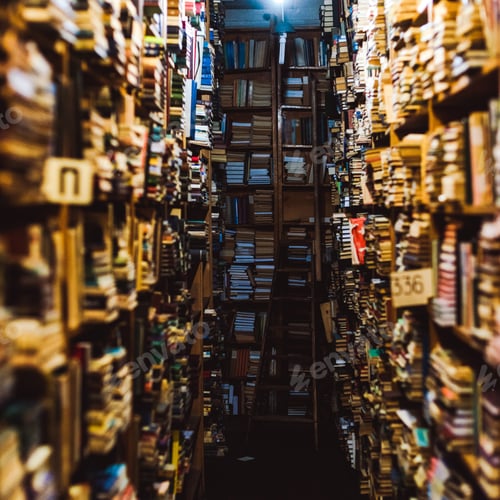 Preview: selective focus of vintage books on wooden shelves in library