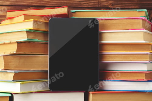 Preview: Digital tablet and stack of hardcover books against wooden background