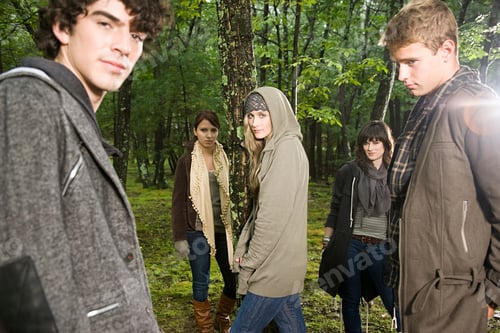 Preview: A group of teenagers posing in a moody forest setting.