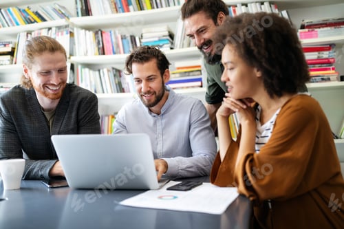 Preview: Cheerful coworkers in office during company meeting