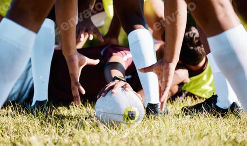 Preview: Sports, team and rugby match on a field with hands of men in training, practice or match closeup. F