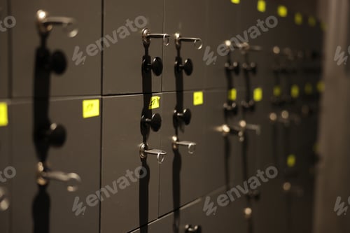 Preview: Lockers with keys in gym changing room, closeup