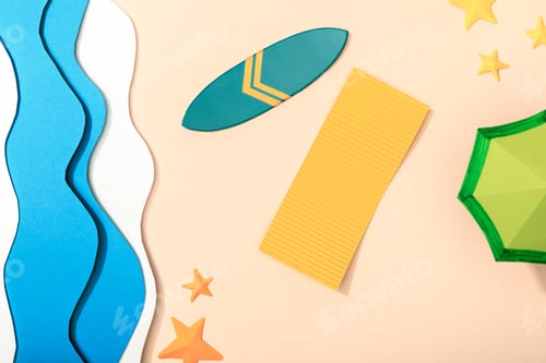 Preview: top view of paper beach with yellow towel, green umbrella and surfboard near starfishes on sand near