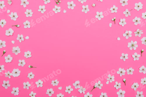 Preview: photo of spring white cherry blossom tree on pink background.
