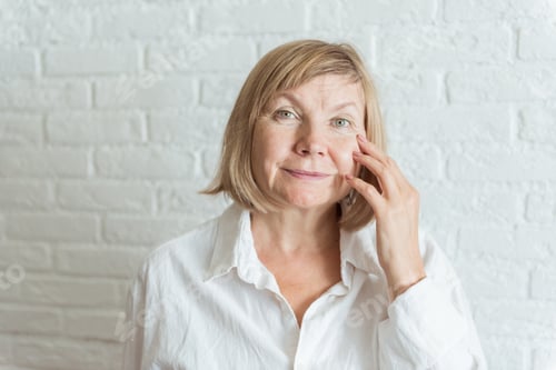 Preview: Sad surprised old mature woman looking at camera worried about facial wrinkles
