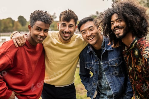 Preview: Four happy male friends embracing in a park