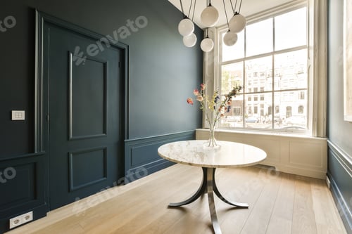Preview: a dining room with a marble table and a window