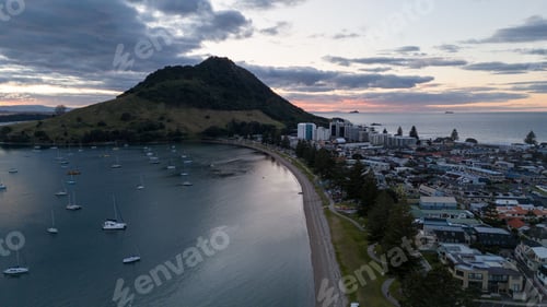 Preview: Aerial view of Mount Maunganui in Tauranga, New Zealand, captured by drone.