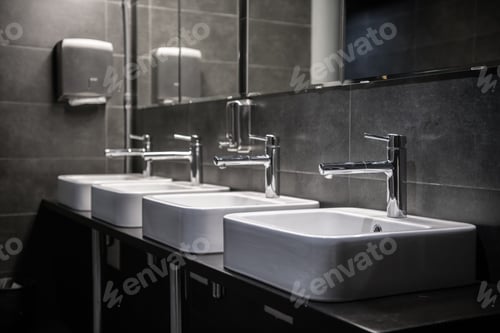 Preview: Interior of a modern public bathroom toilet in grey colors