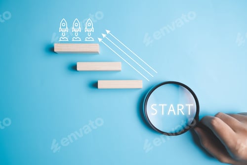Preview: Magnifying glass with rocket and arrow up sign icons for new project business goal