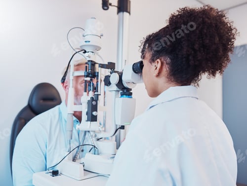 Preview: Optometry, eye exam and ophthalmologist testing patient vision or eyes using a slit lamp machine by
