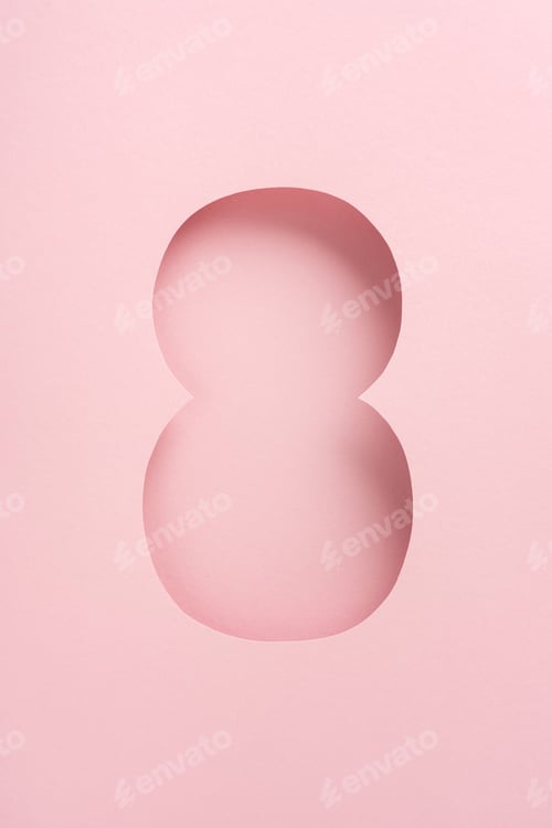 Preview: Abstract vertical layout featuring the shape of the number eight cut into pink paper