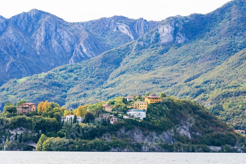 Preview: Mountain landscape, picturesque mountain lake in the summer morning, large panorama. Como, Italy