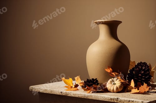 Preview: minimal design decoration of clay vase,white candle,pampas grass on natural stone podium, copy space