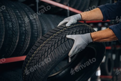 Preview: In grey gloves, taking the tire. Man worker is maintenance station with wheels