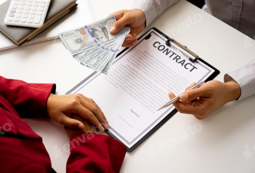 Preview: bribery and corruption concept, businessmen offer bribes to business women to sign and manage real e