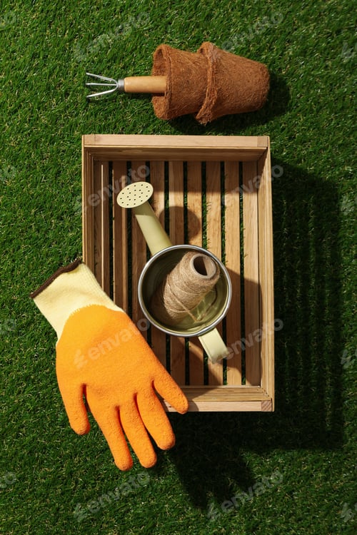 Preview: Gardening supplies and wooden box on green background, top view