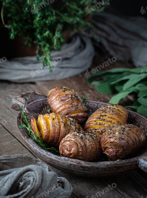 Preview: Baked potatoes in a wooden plate in a rustic style. Food photogr