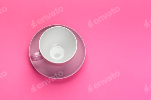 Preview: Flat lay view coffee or tea cup on color background