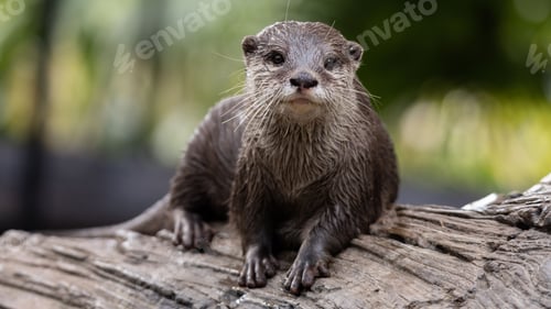 Preview: Closeup shot of an otter on a wooden surface on a blurry background