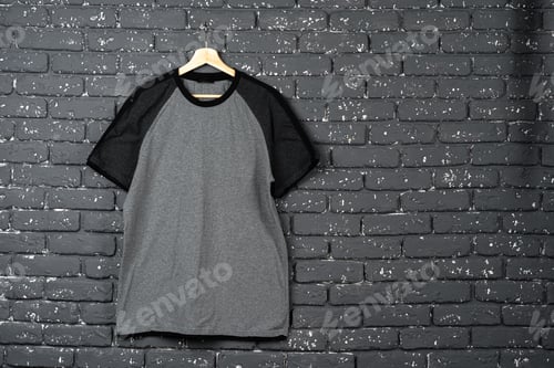 Preview: Black t-shirt hanging on a hanger against brick wall