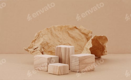 Preview: Wooden eco rustic platform podium. Minimal empty display product presentation scene.