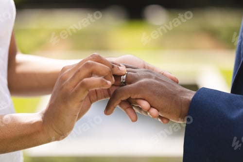 Preview: Hands of african american groom and bride placing ring on finger at wedding ceremony in sunny garden