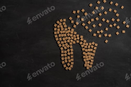 Preview: Sugar destroy tooth enamel leads tooth decay Sugar cubes form tooth on black background