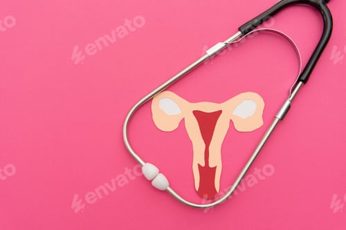 Preview: medical Stethoscope and paper uterus on pink background, women's health and Gynecology Concept