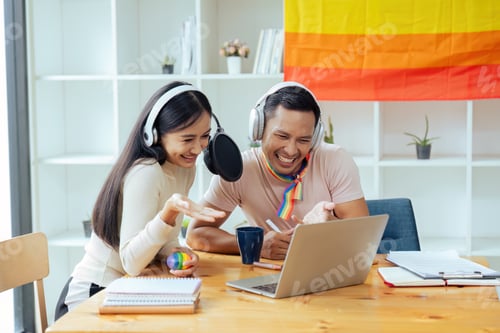 Preview: Podcaster is interviewing a guest about the content topic of LGBTQIA. Podcast concept