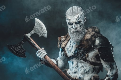 Preview: Savage dead warrior with huge axe in smokey dark background