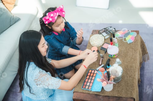 Preview: child girl person are make-up by beauty cosmetic, happy childhood lifestyle at home