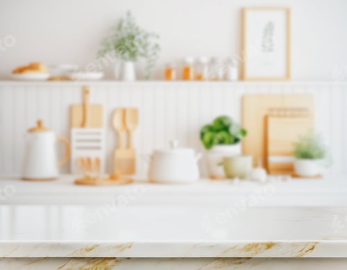 Vista previa: Marble counter table top on blurred kitchen background. can be used mock up for montage products
