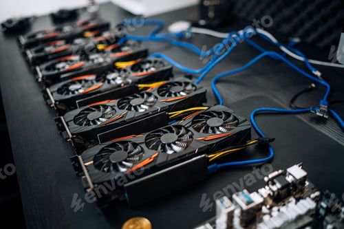 Preview: Gpu cards preparing to mine cryptocurrency, devices on mining rig. bitcoin.