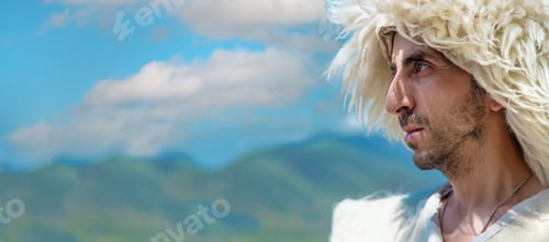 Preview: A Georgian man in a hat against the background of mountains and the sky. Selective focus.