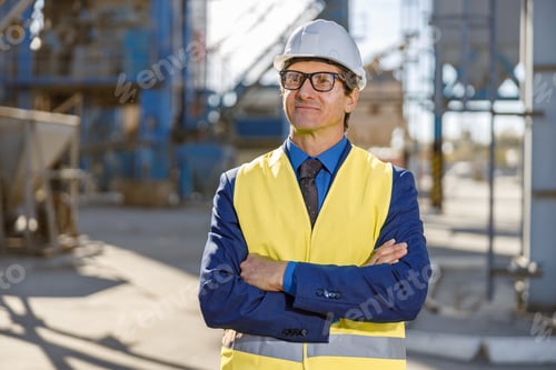 Preview: Joyful man engineer standing outdoors at factory