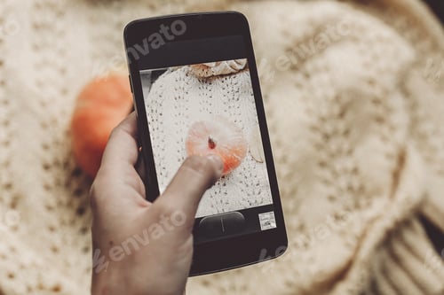 Preview: hand holding phone and taking photo of pumpkin and leaf on warm sweater