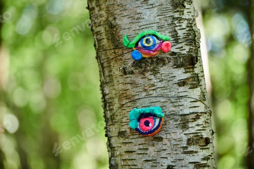 Preview: Art object of human eyes on tree trunk in green forest background, trees sight ecological concept