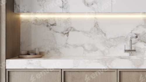 Preview: Empty mockup space on a luxury stone kitchen tabletop in a modern kitchen, 3d rendering
