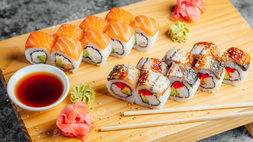 Preview: sushi and chopsticks on wooden board next to bowl with sauce