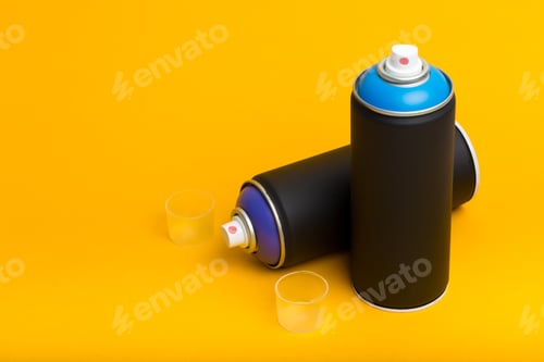 Preview: Colorful spray paint cans resting on a bright yellow surface with transparent cups nearby