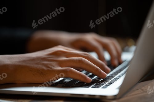 Preview: professional business person typing on computer laptop desk at office, using keyboard technology