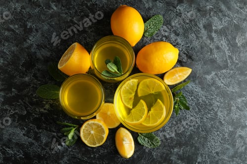 Preview: Concept of dessert with lemon jelly with lemon slices on black smokey table
