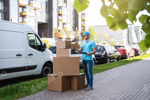 Preview: Happy delivery man with a lot of cardboard boxes near his van