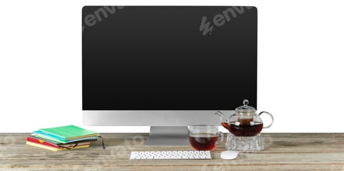 Preview: Workspace with computer, tea, and notebooks on wooden table in well-lit room
