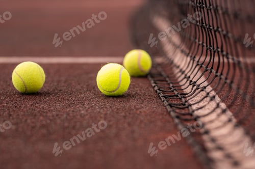 Preview: Three yellow tennis balls on court or playground and net