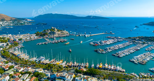 Preview: Aerial view of Bodrum on Turkish Riviera. View on Saint Peter Castle Bodrum castle and marina