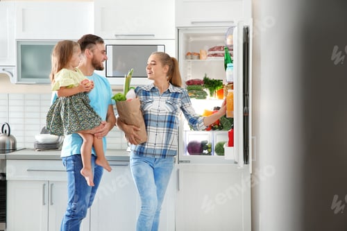Preview: Happy family with paper bag full of products standing near refrigerator in kitchen