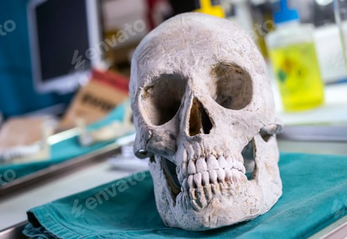 Preview: Skull adult person in murder investigation in a forensic laboratory, conceptual image